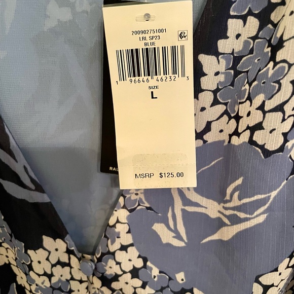 NWTs Ralph Lauren Floral Crinkle Georgette Shirt Blue $125 msrp Large LG - Picture 6 of 7